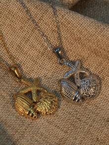 1件装不锈钢防水链度假风海洋系列吊坠项链金色海星贝壳项链女士日常佩戴 - Necklace - 查看 2