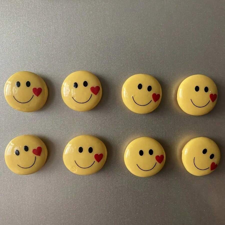 5/8pcs Set Smiling Face With Red Heart Fridge Magnets - Cute Oval Plastic Refrigerator Stickers - Multicolor - View 1