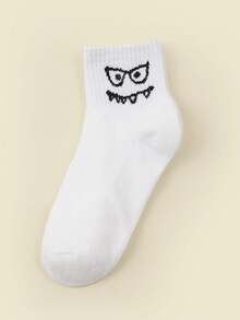 5 Pairs Random Black & White Cartoon Funny Mid-Calf Socks, Breathable Kids Socks, Fashion Versatile For Boys And Girls, Graffiti Expressions - Multicolor - View 5