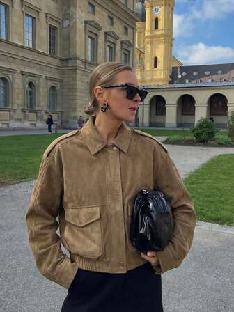 Women's Casual Fashion Street Suede Loose Turnover Pocket Jacket, Suitable For Daily Commute In Autumn/Winter Spring