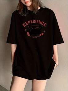 Camiseta moderna mujer estampado gráfico original negra casual algodón cómoda estilo urbano moda  verano tallas S-XL camiseta básica ropa femenina camiseta moda mujeres top elegante outfit diario camiseta ligera streetwear diseño único camiseta popular prendas mujer. - Negro - Ver 1