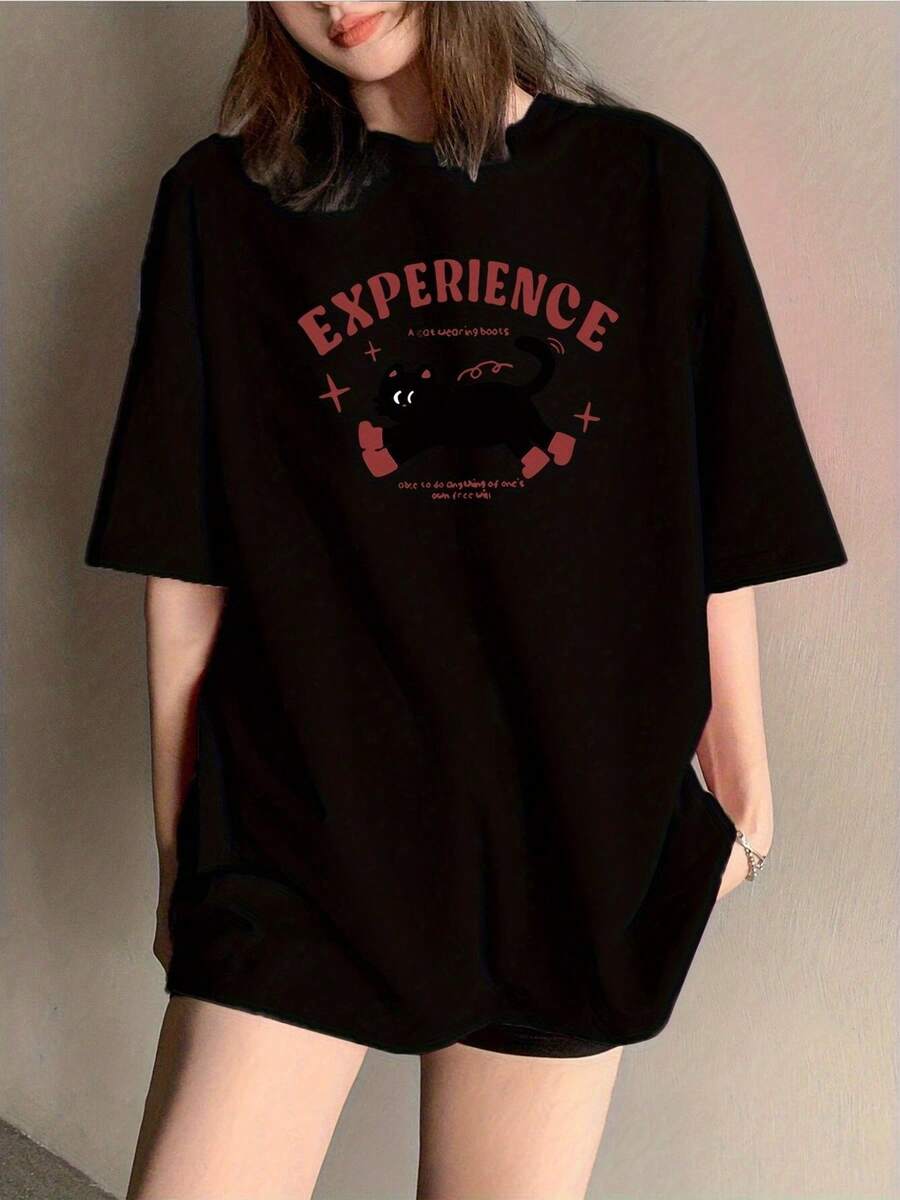 Camiseta moderna mujer estampado gráfico original negra casual algodón cómoda estilo urbano moda verano tallas S-XL camiseta básica ropa femenina camiseta moda mujeres top elegante outfit diario camiseta ligera streetwear diseño único camiseta popular prendas mujer. - Negro - Ver 1