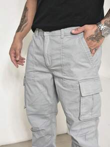 Men's Casual Cargo Pants In Twill With Multi-Pockets And Lycra - Light Grey - View 5