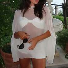 Women's Sheer Chiffon Capelet Set - Oversized Flowy Poncho With Shorts For Beach Cover Up/Party Outfits Multiple Colors - trắng - Xem 1