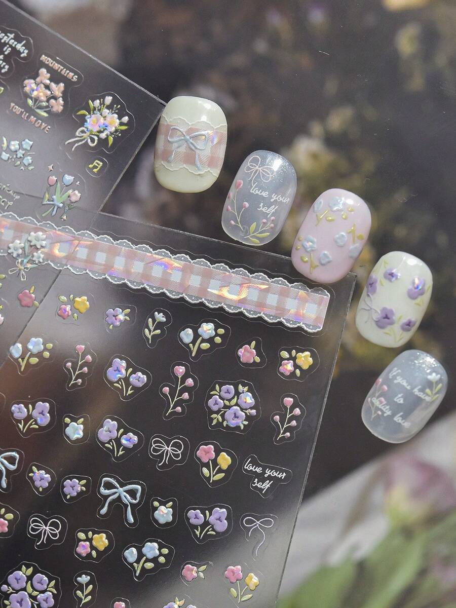 1片春季花卉美甲贴纸，美甲师必备，3D立体浮雕设计，花园小花美甲贴花，自粘式美甲贴纸装饰，适用于凝胶指甲油，女士礼物，美甲用品，精致配饰礼品 - 彩色 - 查看 1