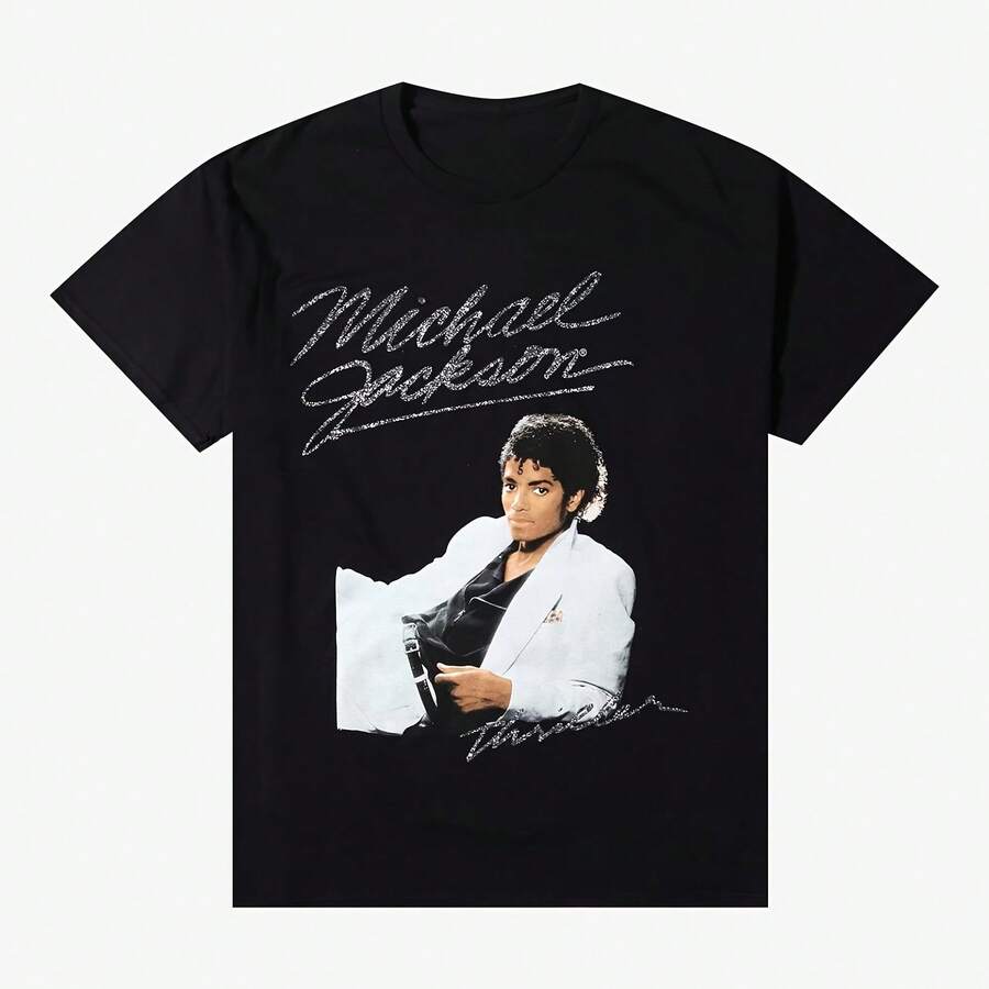 Michaels Jacksons Thriller Album Portrait T-Shirt _ Printed T-Shirt 2026 Spring_Summer Luxury Cotton M - 黑色 - 查看 1
