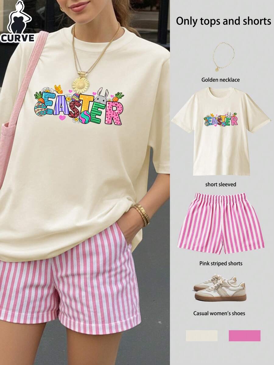 2026 Easter Bunny Plus Size Women's Casual Loose Short Sleeve Top And Striped Pants Set, 2-Piece Outfit, Oriental Aesthetic Streetwear Summer Elegant - Apricot - View 1