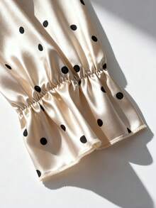 小众设计波点缎面衬衫，蝴蝶结领，喇叭袖，优雅奢华修身女士职业衬衫 - 杏色 - 查看 4