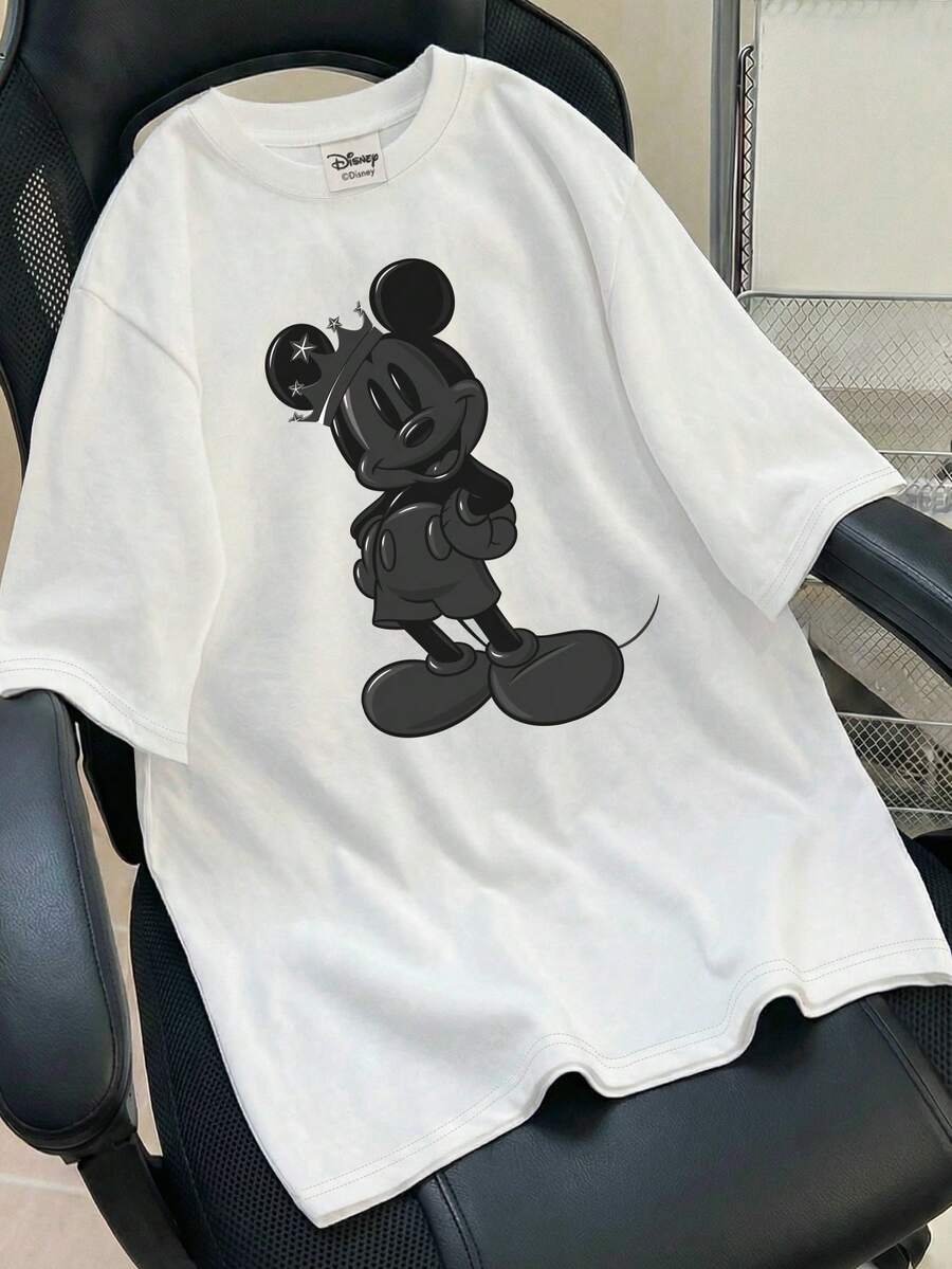 Disney 复古街头风T恤，印有迪士尼米奇字母图案，采用优质面料制成，男士圆领短袖T恤 - 白色 - 查看 1