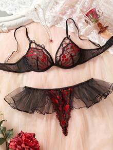 两件套女士黑红蕾丝拼接性感浪漫内衣套装 - 黑紅色 - 查看 5