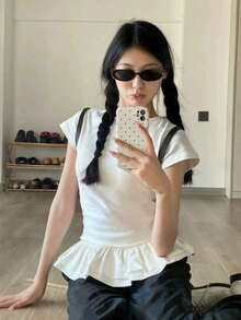 荷叶边圆领短袖T恤，修身夏季上衣 - 白色 - 查看 5