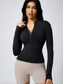 Bộ 2 áo khoác dài tay có khóa kéo, màu trơn dành cho nữ, kiểu dáng ôm sát, giúp thon gọn vóc dáng khi tập thể dục. - Nhiều màu - Xem 7