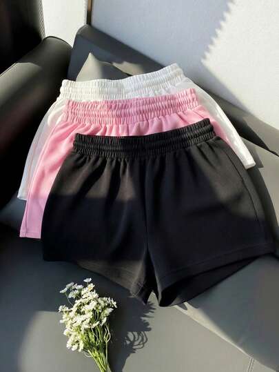 3pcs/Set Young Girl All-Match Elastic Waist Shorts, Summer Casual Sports Shorts, Versatile Black White Pink