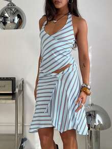 Women's Stripe Halter Neck Top  Asymmetric Midi Skirt Two Piece Set Cutout Y2K Party Outfit - Màu xanh lam - Xem 2