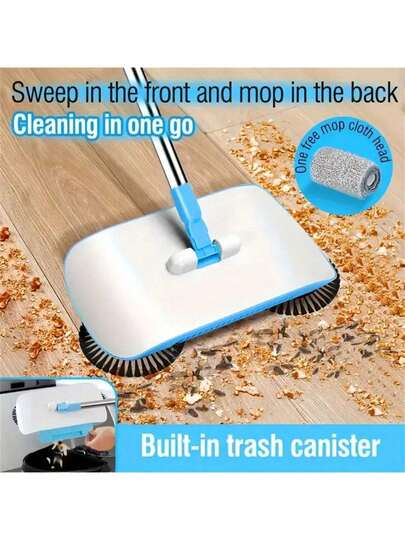 三合一多功能推式地板清扫器，带旋转刷和簸箕，集手动扫帚、拖把和吸尘器于一体，适用于木地板和瓷砖地板，是清洁干湿表面、宠物毛发、碎屑和灰尘的理想选择。