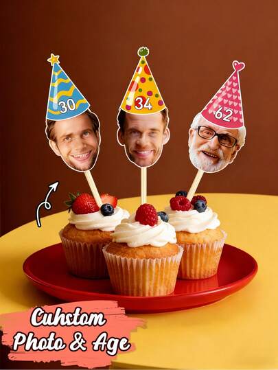 3-48Pcs Custom Face Cupcake Toppers, Personalized Birthday Party Cupcake Toppers, Customized Photo Party Decoration For Wedding, Donut Cake Muffin Topper, Party Supplies, Party Decor, Birthday Gift, Valentine's Day Gift, Wedding Gift, Bridesmaid Gift
