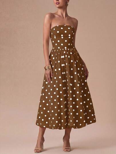 优雅棕色波点无肩带中长连衣裙，泡泡裙摆，复古正式夏季装扮，适合婚礼宾客、派对、度假、海滩造型、假日等场合，简约百搭，波西米亚风连衣裙