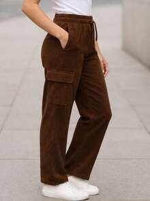 Pantalón Cargo Mujer de Pana con Cintura Elástica y Bolsillos Laterales - Tabaco - Ver 3