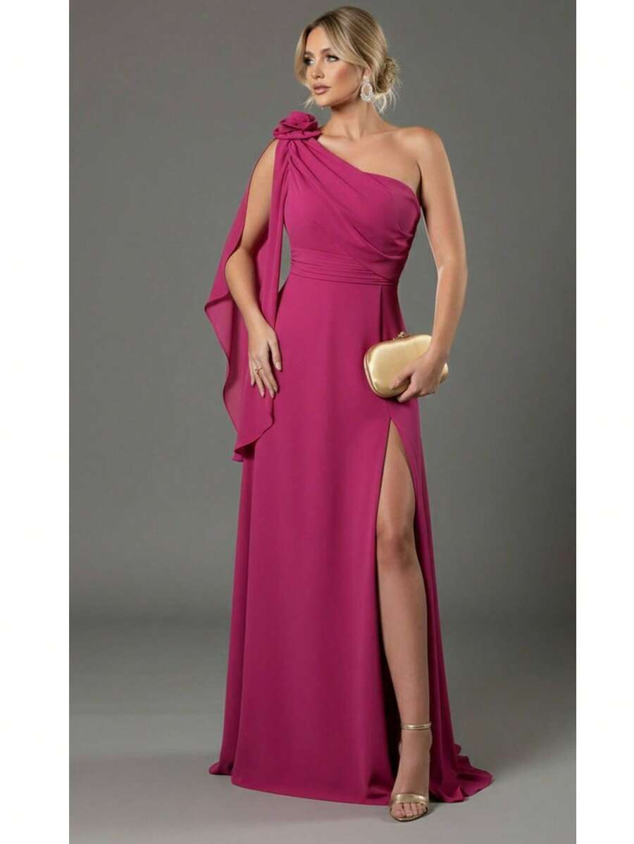 Bridesmaid Dress For Party Guests Reception Graduation Without Shine Cape Sleeve In Fluity Cpom Flower Brooch - Rose Red - View 1