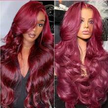 200% High Density Pre Plucked With Bleached Knots & Baby Hair Glueless Wig For Brazilian Virgin Human Blended Hair Body Wave Lace Front Wig , 99j Burgundy, No Glue & Ready To Wear - Bugs - View 7