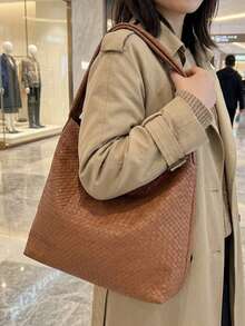 Minimalist Style Women's Large Capacity Shoulder Bag, Simple Versatile Bucket Tote Bag, Office/Commute Shoulder Bag - Brown - View 4