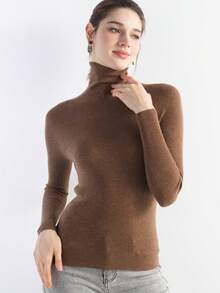 2026春夏女式美利奴羊毛混纺针织T恤，休闲百搭，高领柔软长袖套头衫 - 棕色 - 查看 6