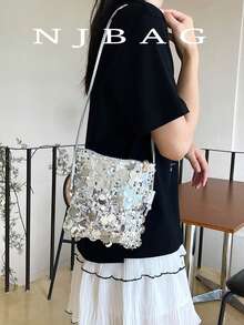 Fashionable New Sequin Shoulder Bag, Chain Strap Small Square Bag For Women - Silver - View 2