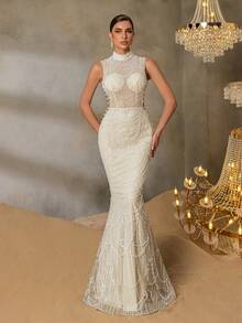 Faeriesty 优雅高领鱼尾亮片连衣裙，无袖串珠上衣，亮片点缀裙摆，适合浪漫情人节约会、目的地奢华婚礼以及春季红毯晚宴等正式场合。 - 香檳色 - 查看 2