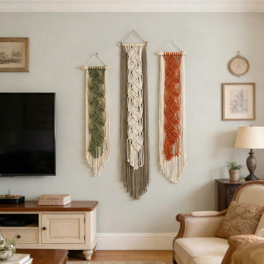 1 Stück Makramee Wandbehang, Boho Stil Quasten Blatt Dekoration, minimalistischer handgewebter Spitzen Wandteppich, langer Hintergrund Kopfteil Wandbehang Decke - Verschiedenfarbig - Übersicht 1
