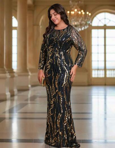 Romagic Elegante vestido de gala largo negro y dorado con lentejuelas, adecuado para ocasiones formales
