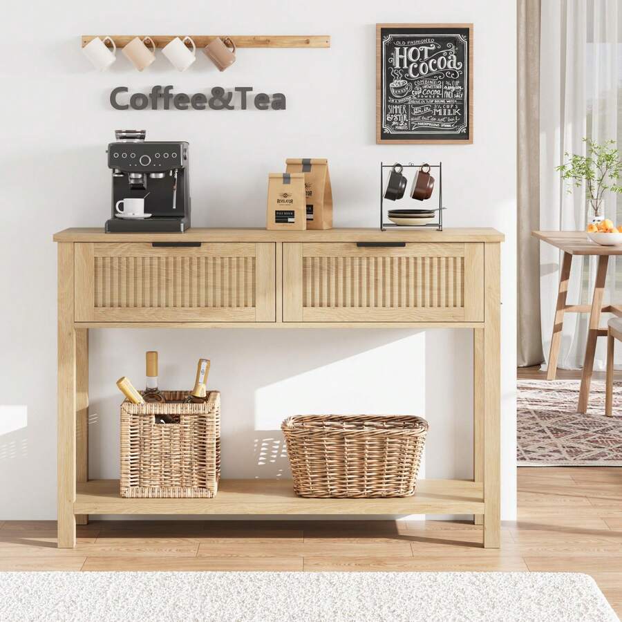 Mesa de Entrada Estilo Rústico con 2 Cajones | Sofá Mesa de 2 Niveles para Salón, Recibidor | 43 Pulgadas - Color de la madera - Ver 1