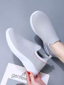 女士透气网面休闲运动鞋，防滑软底一脚蹬舒适妈妈鞋，圆头宽松休闲鞋，适合日常行走，弹性鞋口，春夏款 - 淺灰色 - 查看 12