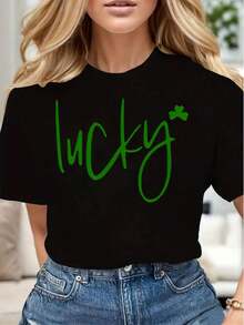 Lucky Clover Print Women Casual T Shirt Soft Comfortable Gift For St Patricks Day - màu đen - Xem 1