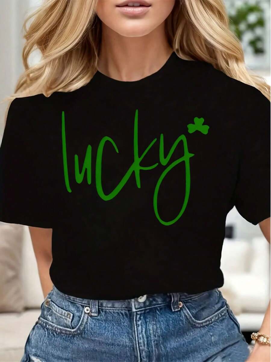 Lucky Clover Print Women Casual T Shirt Soft Comfortable Gift For St Patricks Day - màu đen - Xem 1