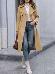 Magic Mia Women's Long Winter Trench Coat - Classic Double-Breasted Long Lapel Design | Timeless Fall Winter Outerwear For Office, Casual & Daily Versatile Style - 卡其色 - 查看 2