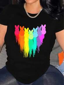 100% Cotton T-Shirt Women's easter T-Shirt Bunny Heart Pattern Crew Neck T-Shirt - Soft Breathable Casual Short Sleeve Top Tee For adult, Men, Women, Teen, Teenager, adolescent, Youth - Noir - Voir 1