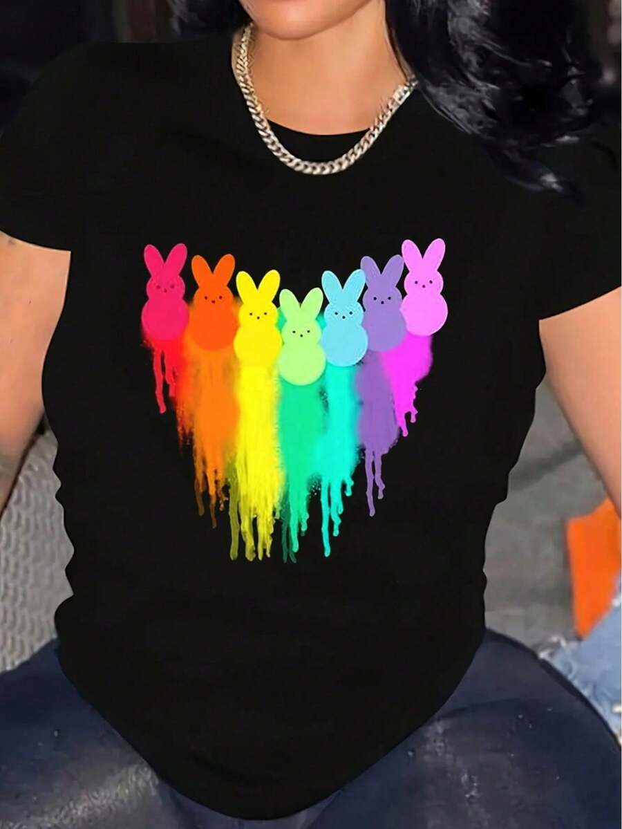 100% Cotton T-Shirt Women's easter T-Shirt Bunny Heart Pattern Crew Neck T-Shirt - Soft Breathable Casual Short Sleeve Top Tee For adult, Men, Women, Teen, Teenager, adolescent, Youth - Noir - Voir 1