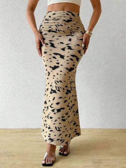 Women's Leopard Print High Waisted Ruched Maxi Skirt - Sexy Bodycon Mermaid Long Skirt For Party Club Evening Summer Clothes For Daily Wear