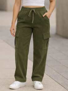 Pantalón Cargo Mujer de Pana con Cintura Elástica y Bolsillos Laterales - Verde militar - Ver 1
