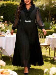 大码女士黑色褶皱雪纺连衣裙，腰间系带，端庄正式，适合周日派对、春季婚礼等场合。 - 黑色 - 查看 4