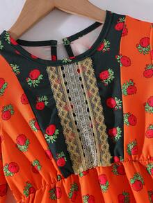 Đầm hoa nhí tay raglan cổ tròn cho bé gái, thích hợp mặc mùa hè. - trái cam - Xem 6