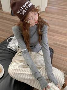 宽松卷边长袖T恤，轻薄面料，修身版型，春季叠穿上衣 - 灰色 - 查看 6