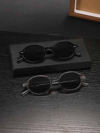 2 PCS Men's Oval Fashion Glasses Classic And Versatile Solid Color Polycarbonate Frame Lightweight Casual For Outdoor Commute With Glasses Box