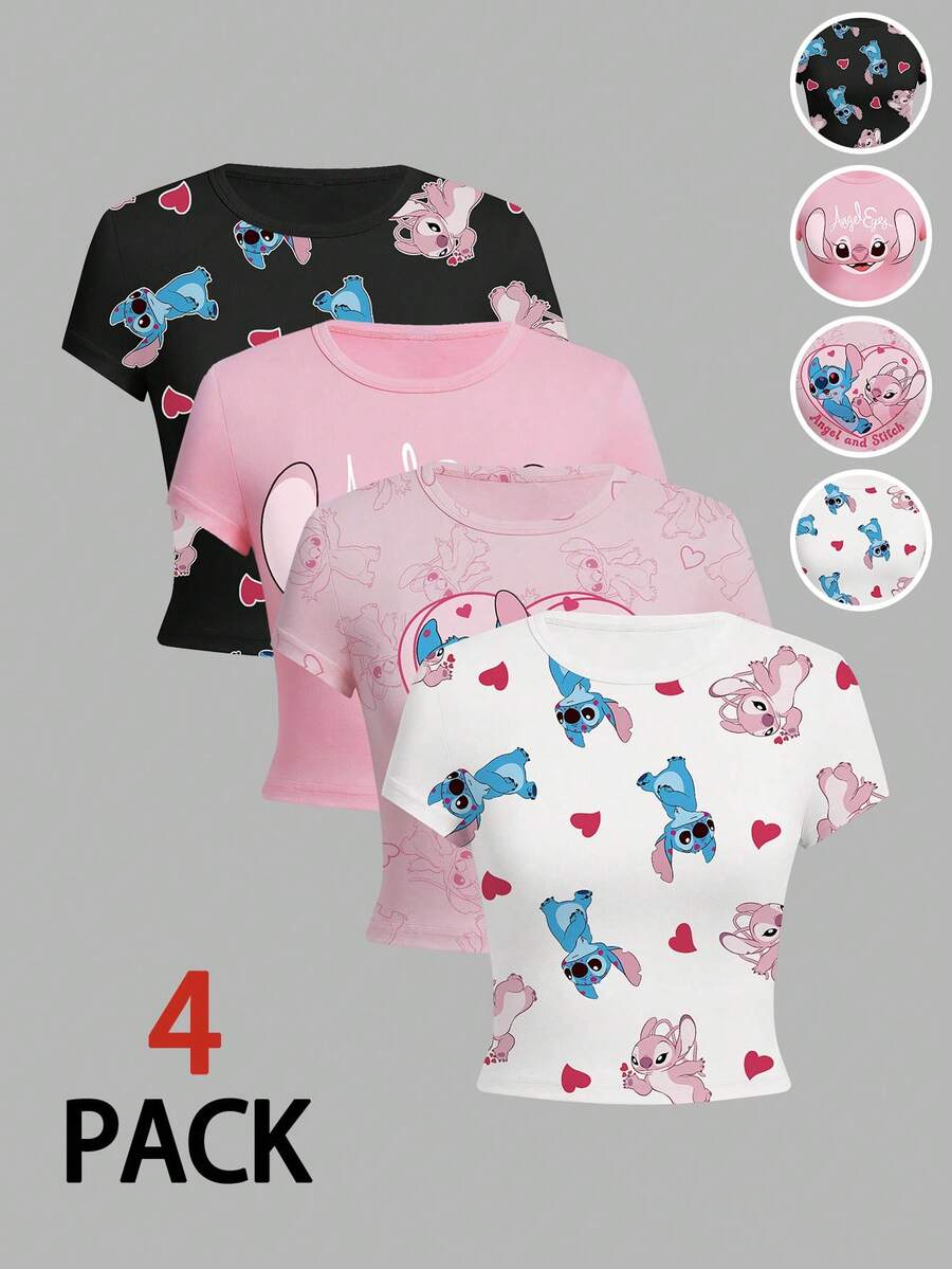 Disney 4件套印花图案时尚女式收腰圆领短袖T恤，春秋季组合装 - 彩色 - 查看 1