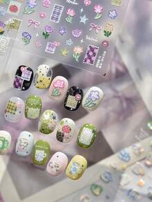 1 片 5D 立体浮雕美甲贴纸，春日甜美美甲贴纸，可爱布片，小花自粘美甲贴纸 DIY - 彩色 - 查看 1