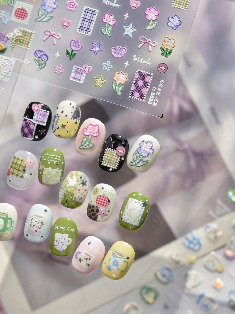 1 片 5D 立体浮雕美甲贴纸，春日甜美美甲贴纸，可爱布片，小花自粘美甲贴纸 DIY - 彩色 - 查看 1