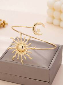 1pc Exaggerated Vintage Elegant Star & Moon Design Open Cuff Bracelet, Suitable For Ramadan, Party, And Daily Wear - Yellow Gold - View 2