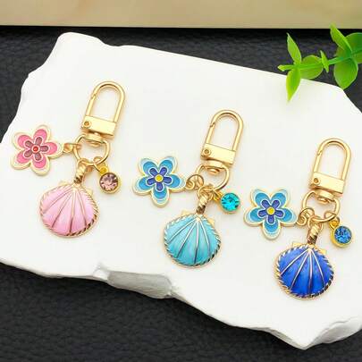 1pc Fashion Enamel Shell Flower Keychain Charm Pendant Beach Keychain Backpack Car Key Decoration Accessory Perfect Gift For Friends