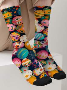一双印有“兔子、复活节彩蛋”图案的360度复活节主题袜子，男女通用，新奇有趣，时尚耐穿。 - 彩色 - 查看 13
