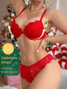 1 Set/2 Pieces Red Women's Lace Lingerie Set - Front-Closure Push-Up Bra & Panty, Perfect For Romantic Nights - Red - View 5